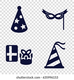 Festive icons set. set of 4 festive filled icons such as party hat, mask