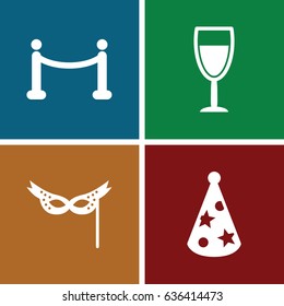 Festive icons set. set of 4 festive filled icons such as party hat, mask, wine glass