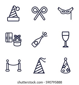 festive icons set. Set of 9 festive outline icons such as party hat, candy cane, mask, wine glass, red carpet, opened champagne