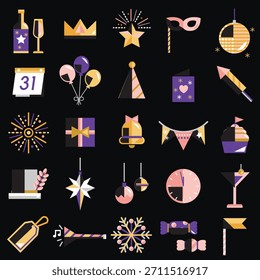 Conjunto de iconos festivos con sombreros de fiesta, globos, fuegos artificiales y regalos. Incluye champán, máscaras y estrellas. Perfecto para el año Nuevo o temas de celebración. Conjunto de Vector de elemento de año Nuevo.