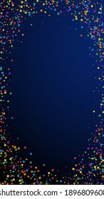 Festive ideal confetti. Celebration stars. Colorful confetti on dark blue background. Favorable festive overlay template. Vertical vector background.