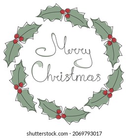 Festive  ilex wreath and Merry Christmas lettering vector iIllustration in one line style