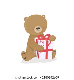 Festive Illustration of baby bear cartoon with a gift, Happy birthday greeting for print, design, poster, greeting card, postcard