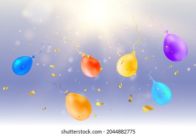 A festive illustration with balloons and falling candies.