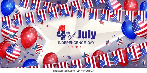 Festive  illustration with balloons with USA flag element, Independence Day.