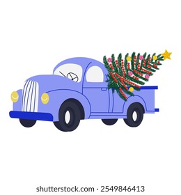 a festive illustration of a blue vintage truck carrying a decorated Christmas tree with ornaments, garlands, and a star topper, symbolizing holiday cheer.