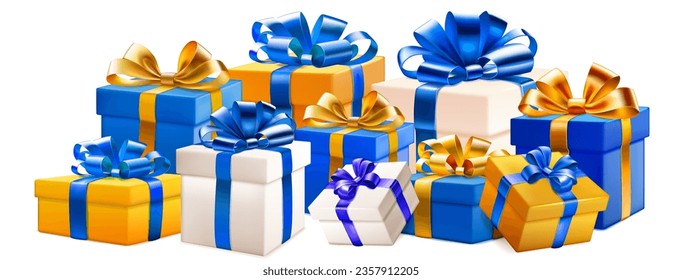 Festive illustration with bunch of colored gift boxes with ribbons and bows