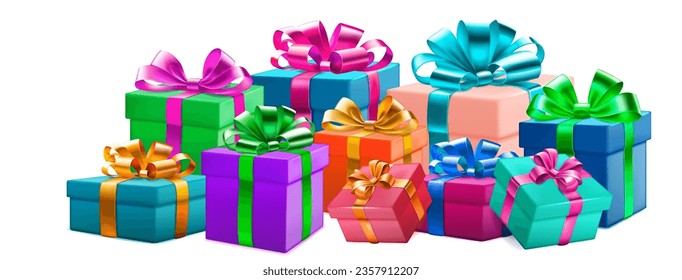 Festive illustration with bunch of colored gift boxes with ribbons and bows