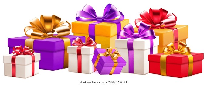 Festive illustration with bunch of colored gift boxes with ribbons and bows