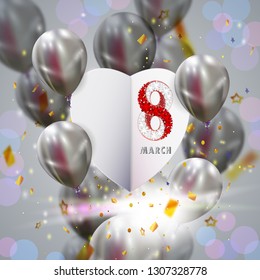 Festive illustration with a bunch of silver balloons and golden confetti. March 8. International Women's Day.