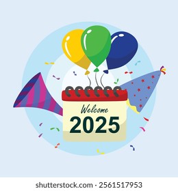 A festive illustration of a calendar marked with "Welcome 2025," paired with celebratory elements including a paper trumpet, a colorful cone hat, and balloons.