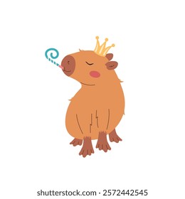 Festive illustration of a capybara. Flat design for birthday cards, posters, flyers. Capybara with crown on his head. vector