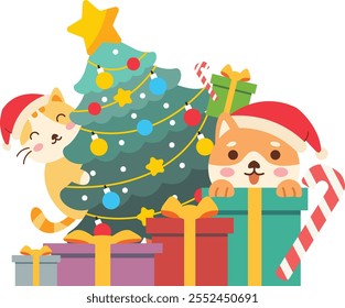 Festive Illustration of Cats and Dogs with Christmas Tree