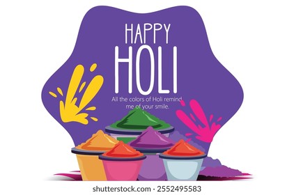 Una ilustración festiva que celebra el Holi con salpicaduras de colores vibrantes, tazones de pólvora y saludos alegres.