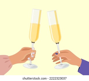 Festive illustration. Champagne glasses in hands. New year or Christmas background.