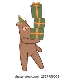 Festive illustration with a cheerful bear and green gift boxes. Party-ready bear balancing wrapped gifts with orange ribbons. Playful vector design for birthday cards and celebration themes