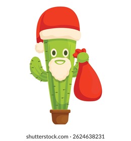 Festive illustration of a cheerful cactus dressed as santa claus, bringing holiday cheer with a gift bag