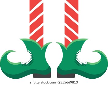 Festive illustration of christmas elf legs wearing iconic green shoes with curled toes and red and white striped tights, perfect for holiday projects