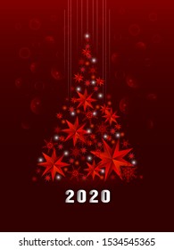 Festive illustration with a Christmas tree made of red stars and snowflakes and  white 2020 sign. Merry Christmas and Happy New Year 2020. Composition of red paper stars - festive decoration