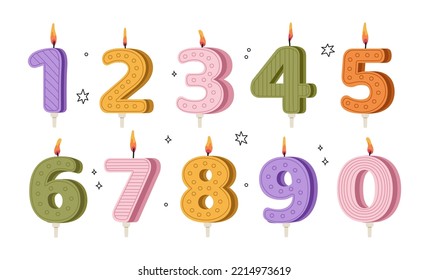 Festive illustration collection of bright Birthday Cake Candle Numbers (0, 1, 2, 3, 4, 5, 6, 7, 8, 9), anniversary holiday candles vector illustration set. Decoration for holiday celebration, surprise