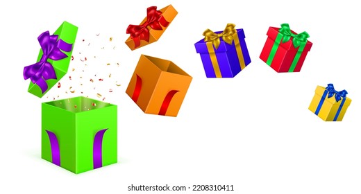 Festive illustration with colored gift boxes with ribbons and bows, and pieces of serpentine