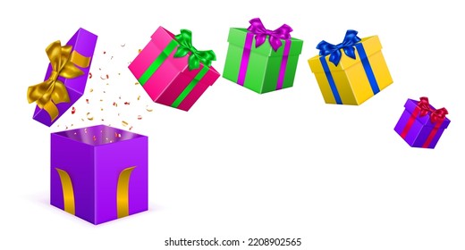Ilustración festiva con cajas de regalo de color con cintas y arcos, y piezas de serpentina