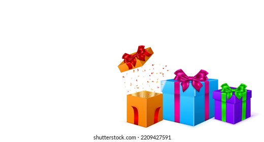 Festive illustration with colored gift boxes with ribbons and bows, and pieces of serpentine