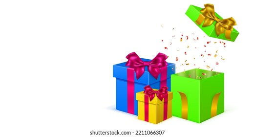 Feierliche Illustration mit farbigen Geschenkschachteln mit Bändern und Bögen, und serpentine Stücken
