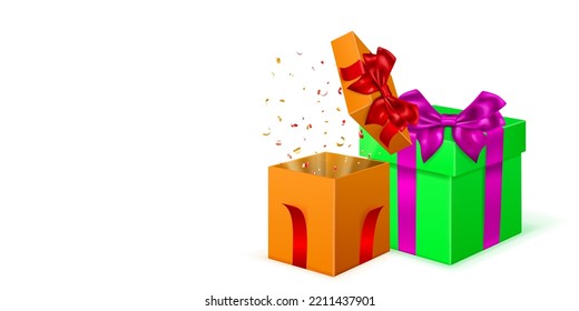 Ilustración festiva con cajas de regalo de color con cintas y arcos, y piezas de serpentina
