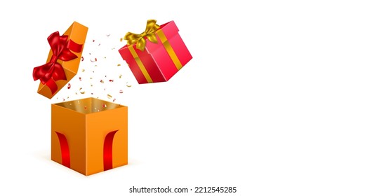 Festive illustration with colored gift boxes with ribbons and bows, and pieces of serpentine