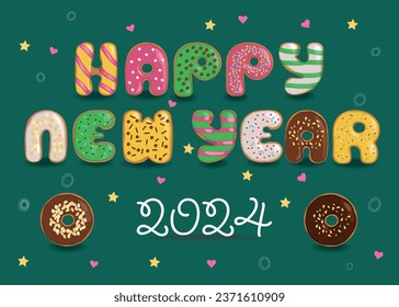 A festive illustration of colorful letters made of donuts with cream and nuts decor on a dark green background with confetti of colorful hearts and stars. The number is white, made of cream. Vector