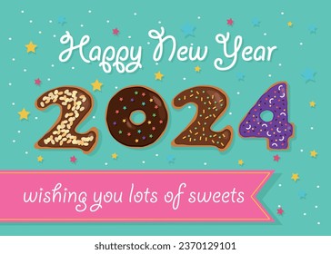 A festive illustration of a colorful number "2024" made of sweet donuts with cream and nuts decor on a green background with stars and confetti. There is a pink banner for custom text and cream text