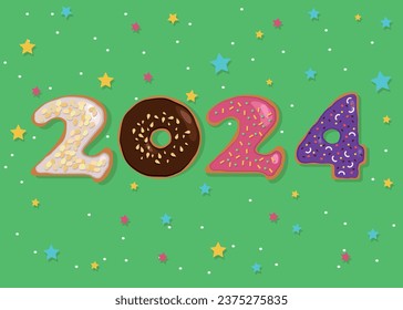 A festive illustration of a colorful number "2024" made of donuts with cream and nuts decor on a green background with confetti. This illustration is perfect for New Year's greetings, cards, and other