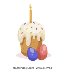 Festive illustration of a cupcake with a lit candle and colorful sprinkles, accompanied by decorated eggs on a light background, symbolizing celebration. Vector illustration