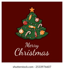 Festive illustration of a decorated Christmas tree with ornaments, candy cane and a star topper. Ideal for holiday greeting card, seasonal design and Christmas themed project.