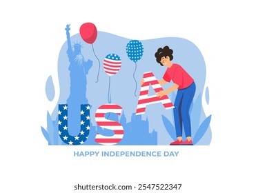 A festive illustration depicting a person decorating the word USA with stars and stripes alongside balloons and the Statue of Liberty. Vector illustration