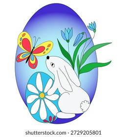 Ilustración festiva con un conejo de Pascua sosteniendo un huevo de Pascua contra un fondo de un Grande huevo decorativo y flores. Composición brillante y cálida transmite la atmósfera de Pascua, alegría, Renovación