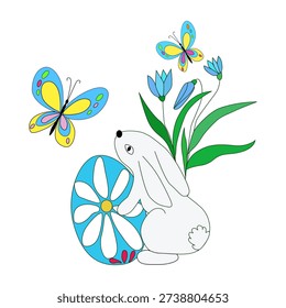 Festive illustration with an Easter bunny holding an Easter egg against a background of a large decorative egg and flowers. Bright, warm composition conveys the atmosphere of Easter, joy, renewal