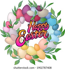 Festive illustration for Easter. A wreath of colorful Easter eggs and green spring twigs. 3d greeting card for the holiday. Easter lettering.