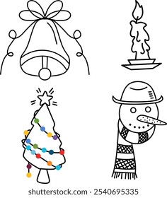 A festive illustration featuring a bell, a Christmas tree adorned with colorful ornaments, a lit candle, and a snowman wearing a scarf and hat, symbolizing winter celebrations.