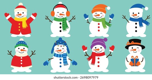 uma ilustração festiva com uma coleção de bonitos bonitinhos de neve usando acessórios coloridos de inverno sorrindo