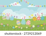 Festive illustration featuring colorful Easter eggs with bunny ears and blooming spring flowers scattered across a vibrant green field under a clear blue sky with decorative bunting