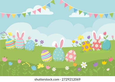 Festive illustration featuring colorful Easter eggs with bunny ears and blooming spring flowers scattered across a vibrant green field under a clear blue sky with decorative bunting
