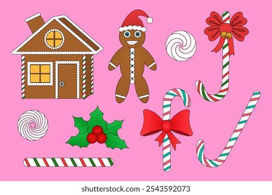 Ilustração festiva com casa de biscoito de gengibre, homem de biscoito de gengibre, bengalas doces e decorações de férias. Perfeito para projetos de Natal.