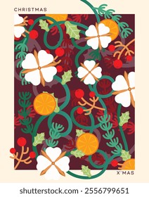 A festive illustration featuring holly leaves, red berries, Cotton flower, orange slices, and green vines, creating a vibrant Christmas design with a cozy holiday vibe. Perfect for the season