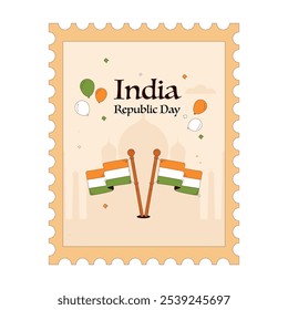 Festive illustration featuring Indian flags, balloons, and the text "India Republic Day" in a frame resembling a postage stamp. Perfect for greeting cards and souvenirs for India’s Republic Day.