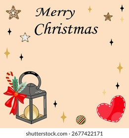 A festive illustration featuring a lantern with a gold bell, surrounded by Christmas decorations like stars, a heart, and a candy cane. The background is light beige