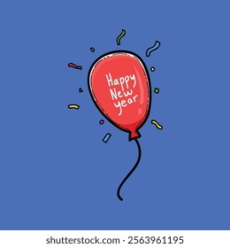 A festive illustration featuring a red balloon with 'Happy New Year' text, surrounded by colorful confetti on a bright blue background, symbolizing joyous celebrations and hope for the upcoming year.