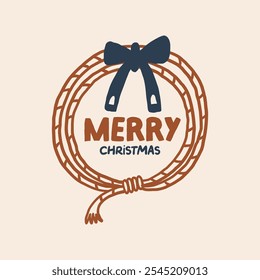 A festive illustration featuring a rustic Christmas wreath with a bow and the text Merry Christmas. Perfect for holiday greetings and seasonal decorations with a warm, traditional feel