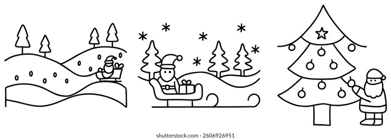 A festive illustration featuring Santa Claus, sleigh, and decorated Christmas tree in winter landscape